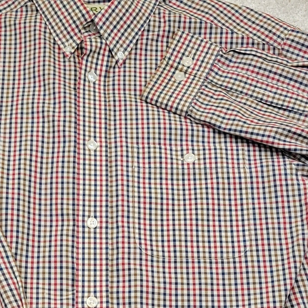 Orvis Mens Medium Gingham Check Button Down Long Sleeve Red Blue Brown Shirt‎
